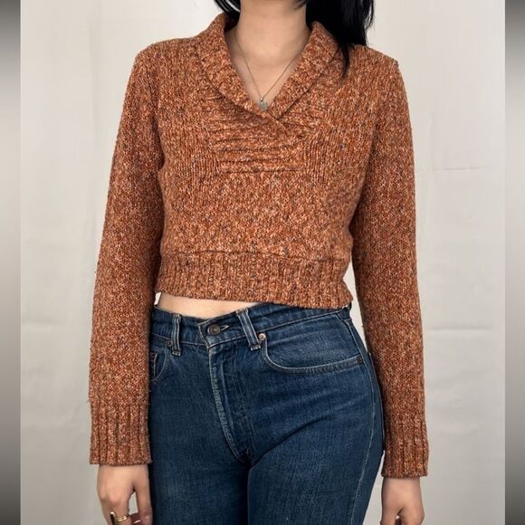 Y2K Orange Mixed Thread Cropped Collared Sweater - Picture 1 of 11